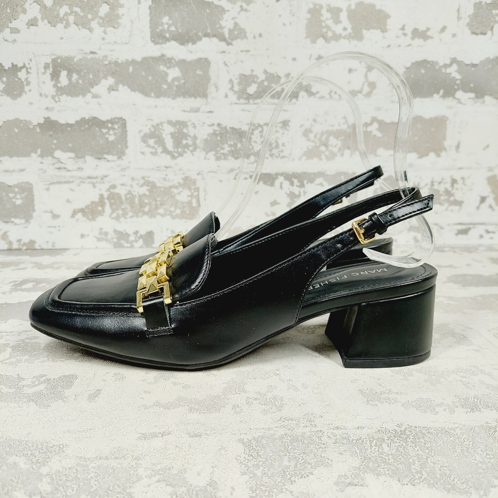Marc Fisher Graci Black Block Heel Loafer Slingback Heels i521